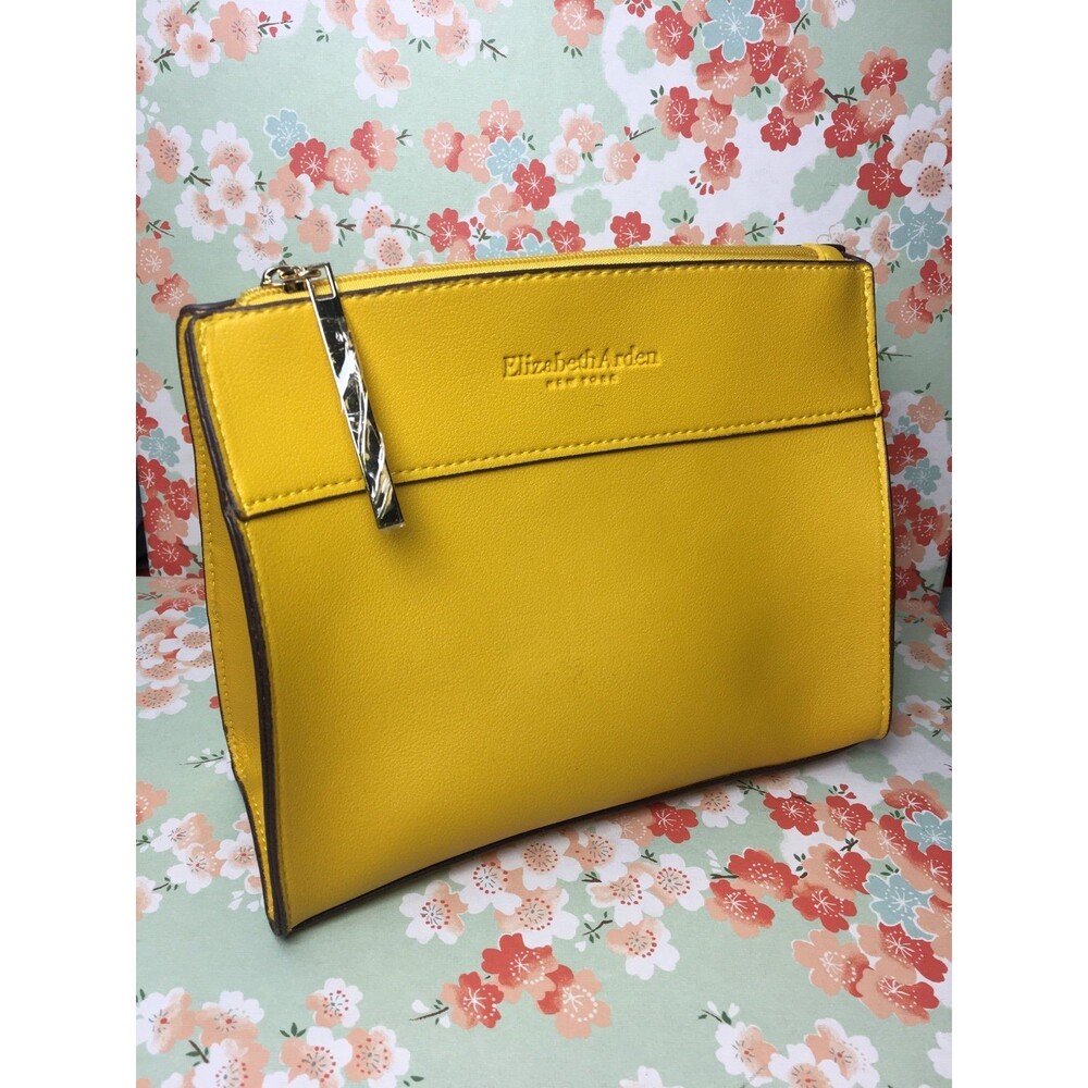 Elizabeth Arden New York Yellow faux leather Gold hardware Cosmetic Beauty Bag